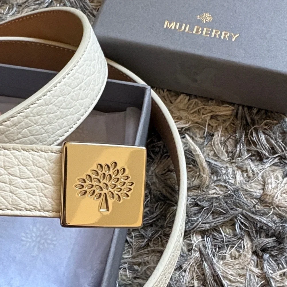 Mulberry Off-White Leather Belt with Gold Logo Buckle